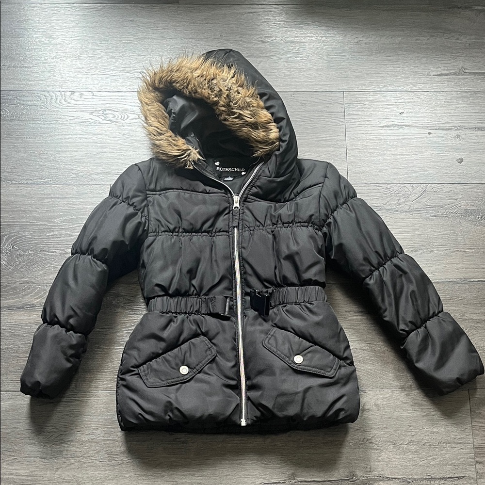 Rothschild Black Girls' Puffer Coat with Faux-Fur Hood Trim